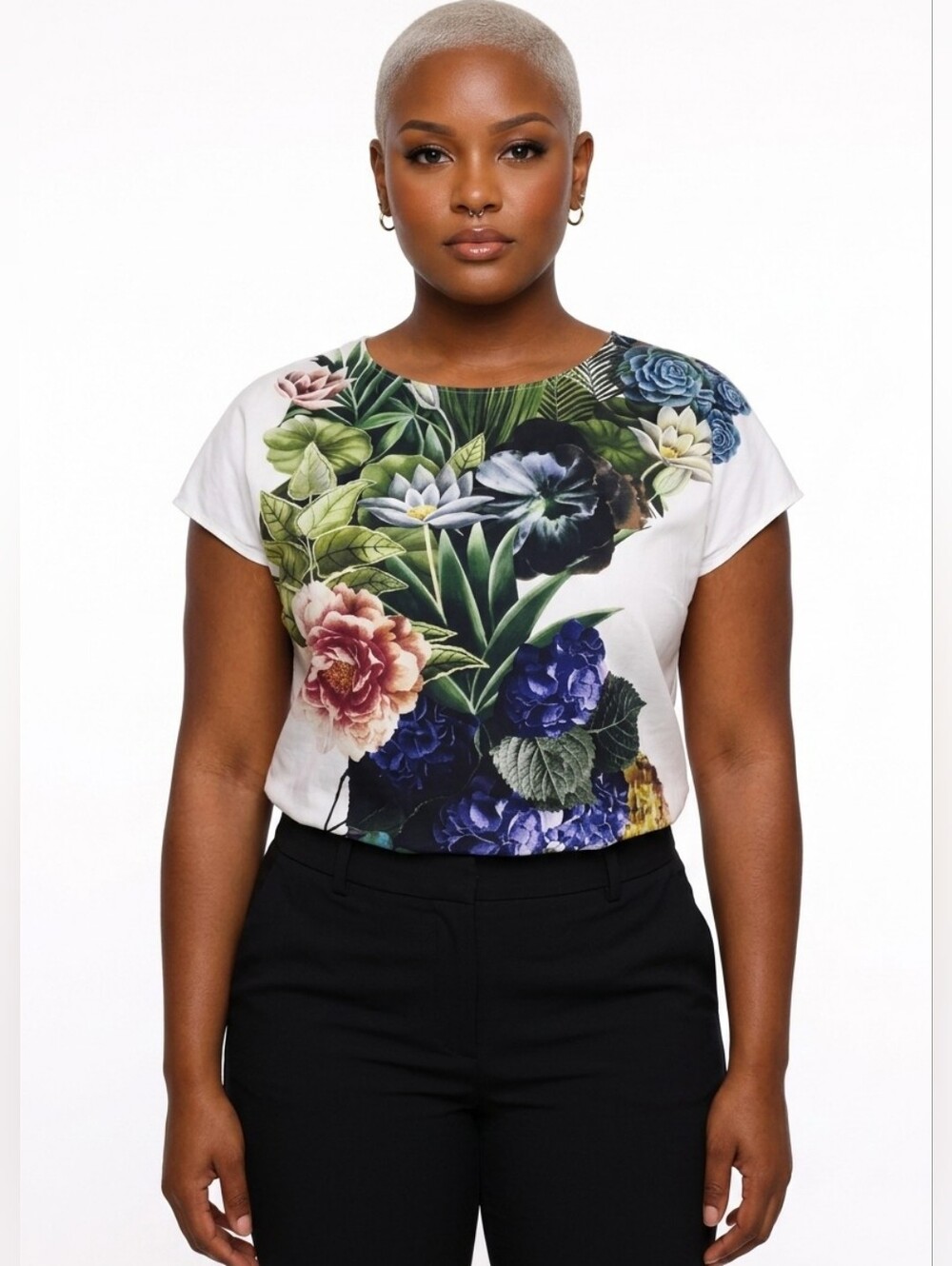 Marina Rinaldi White Short Sleeve Top with Multicolor Floral Print